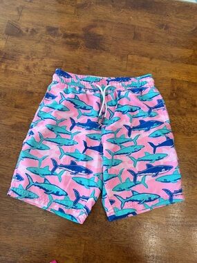 Maamgic Boys Swim Trunks Pink Blue Shark Print Size 8 Quick Dry
